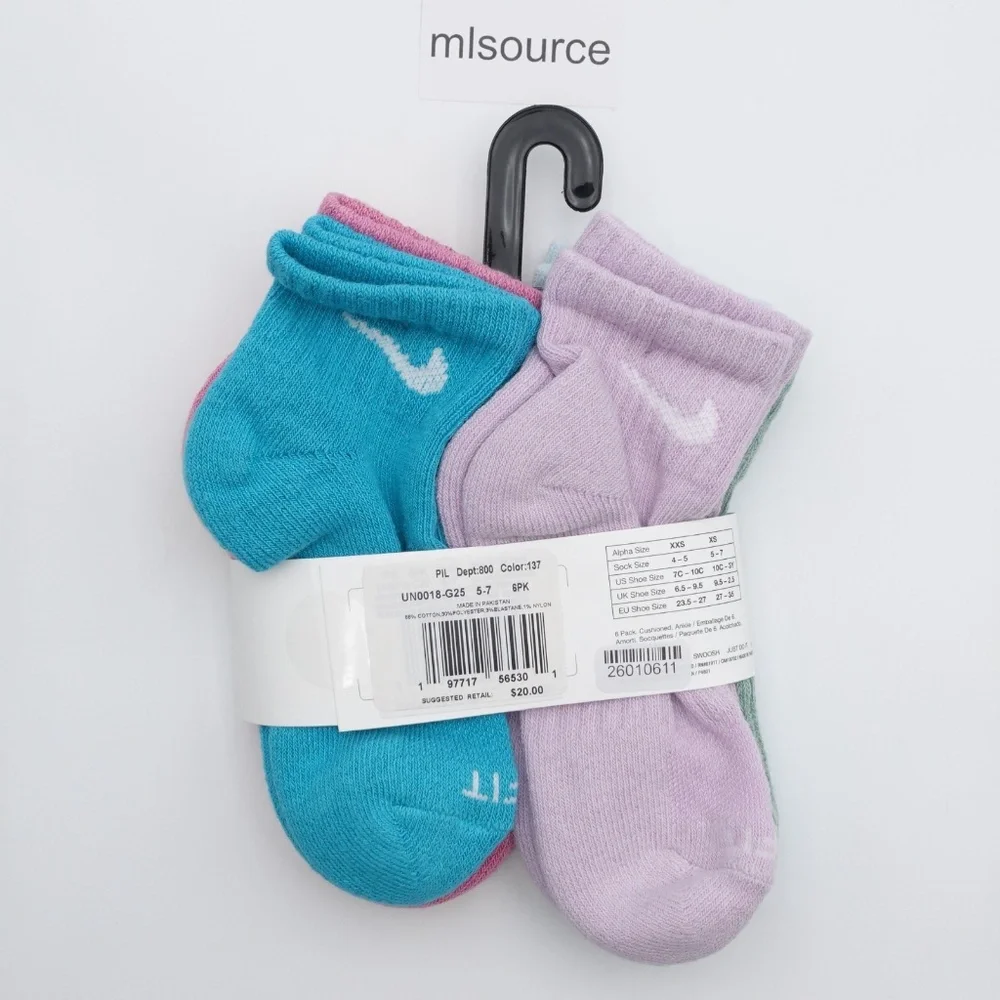 NEW Nike 6-Pack Cushioned Dri-FIT Ankle Socks Little Kid's Size 10C-3Y